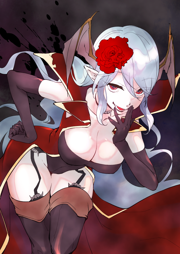 1girl, bat_wings, black_choker, black_lipstick, brown_gloves, brown_legwear, choker, coat, covered_navel, elbow_gloves, eyebrows_visible_through_hair, eyes_visible_through_hair, fangs, flower, fog, gloves, grey_eyes, hair_flower, hair_ornament, hand_on_hip, head_wings, lipstick, long_hair, looking_at_viewer, makeup, ngra201, open_mouth, original, pointy_ears, red_coat, red_eyes, red_flower, shiny, shiny_hair, smile, solo, splatter, vampire, very_long_hair, wings