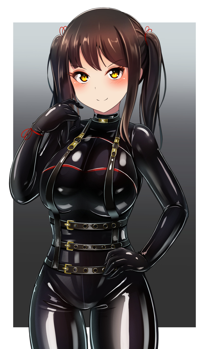 1girl, black_bodysuit, bodysuit, brown_hair, eyebrows_visible_through_hair, hand_on_hip, harness, highres