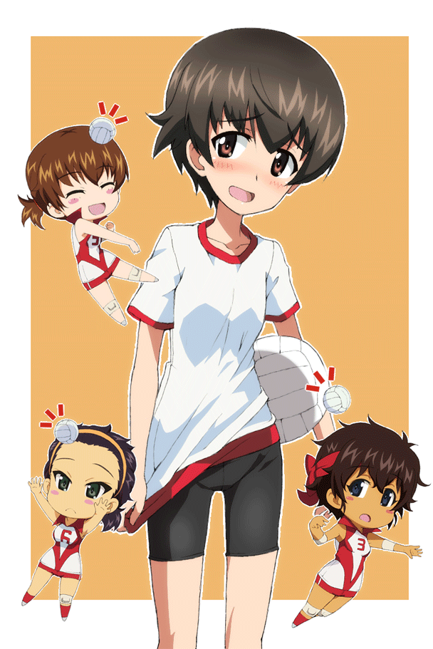 4girls, alternate_hairstyle, arms_up, bangs, bike_shorts, black_shorts, blue_eyes, blush, blush_stickers, brown_eyes, brown_hair, chibi, closed_eyes, closed_mouth, commentary, cosplay, dark_skin, elbow_pads, eyebrows_visible_through_hair, freckles, frown, girls_und_panzer, green_eyes, gym_shirt, gym_uniform, hair_pulled_back, hairband, headband, hoshino_(girls_und_panzer), isobe_noriko, isobe_noriko_(cosplay), kawanishi_shinobu, kawanishi_shinobu_(cosplay), kayabakoro, knee_pads, kondou_taeko, kondou_taeko_(cosplay), looking_at_viewer, multiple_girls, nakajima_(girls_und_panzer), notice_lines, open_mouth, orange_background, orange_hairband, outline, red_headband, red_legwear, red_shirt, red_shorts, sasaki_akebi, sasaki_akebi_(cosplay), shirt, shirt_tug, short_hair, short_ponytail, short_shorts, short_sleeves, shorts, simple_background, single_vertical_stripe, sleeveless, sleeveless_shirt, smile, socks, spiking, sportswear, standing, suzuki_(girls_und_panzer), t-shirt, tsuchiya_(girls_und_panzer), volleyball_uniform, white_outline, white_shirt