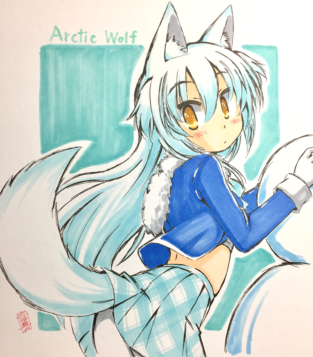 1girl, animal_ear_fluff, animal_ears, aqua_skirt, arctic_wolf_(kemono_friends), blue_jacket, blush, character_name