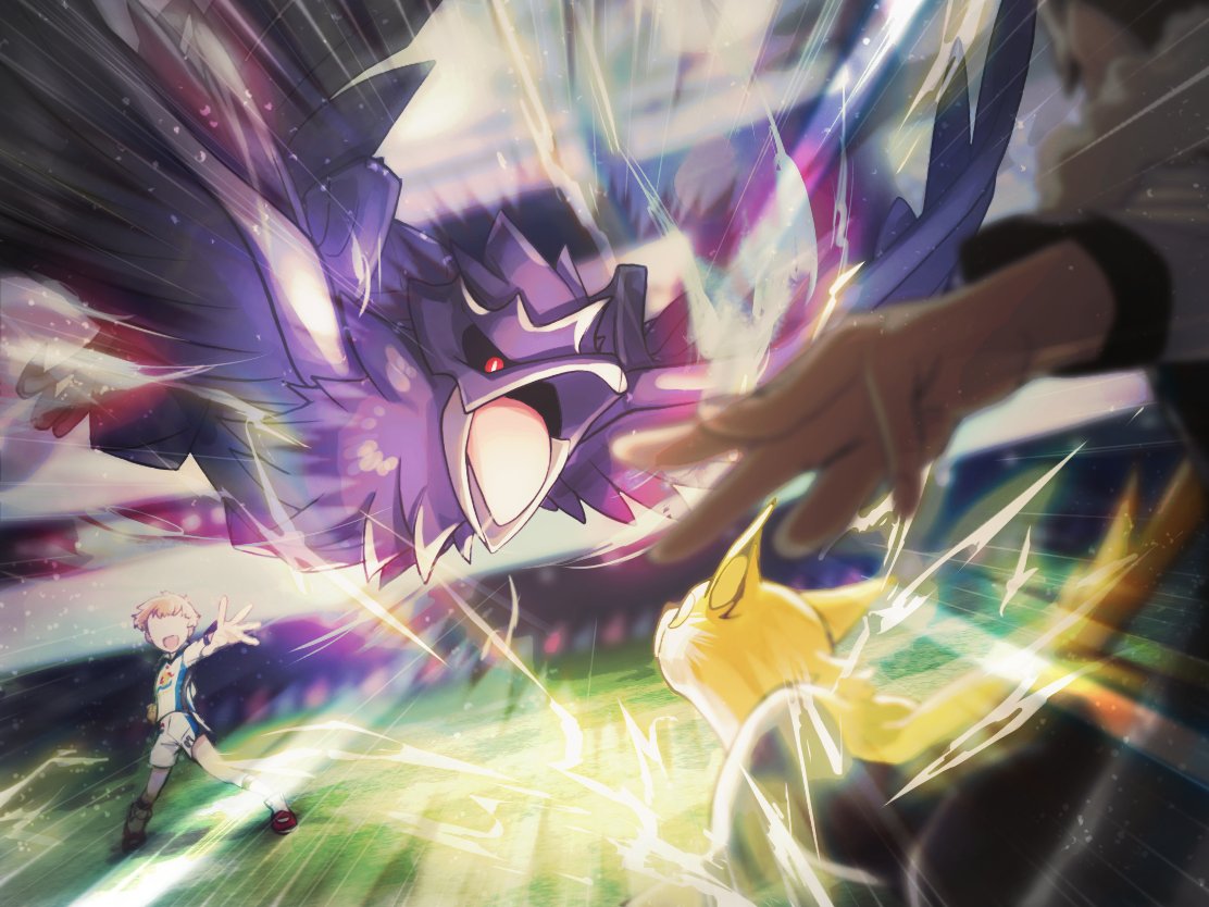 1boy, 1other, battle, black_sclera, blonde_hair, blurry, boltund, commentary_request