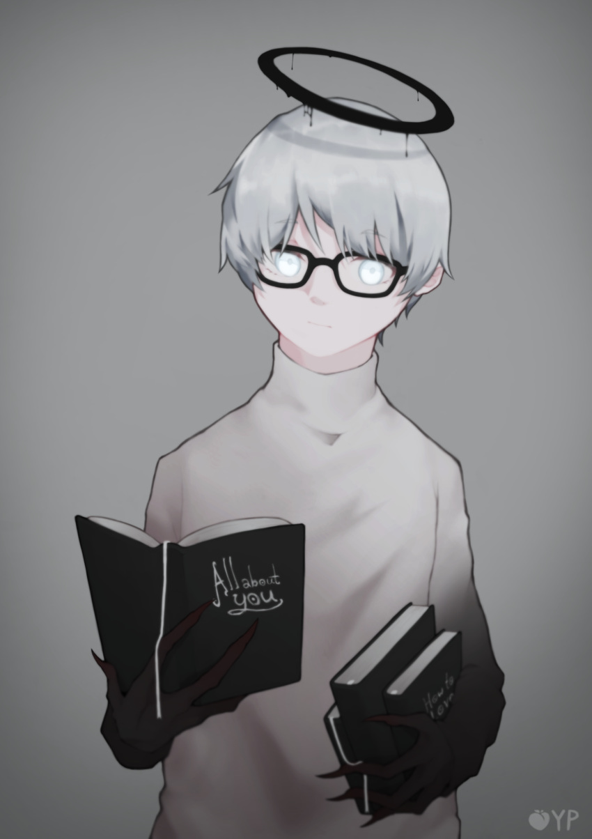 1boy, absurdres, black-framed_eyewear, black_nails, black_skin, blue_eyes, book, bookmark