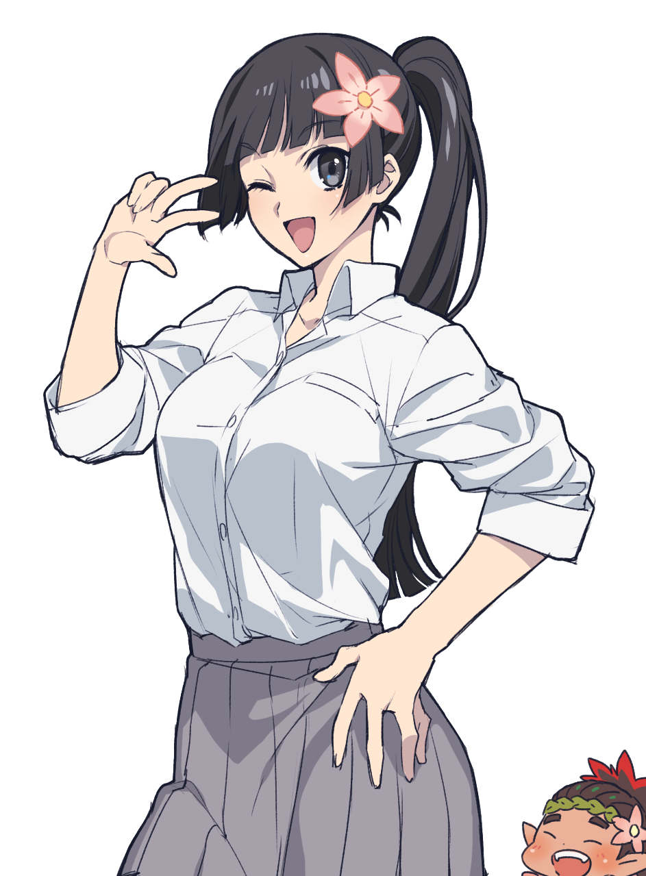 1boy, 1girl, ;d, bangs, black_hair, breasts, buttons, character_request