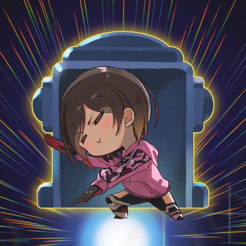 android, brown_hair, camouflage, chibi, closed_eyes, electriccross, gradient_hair, highres