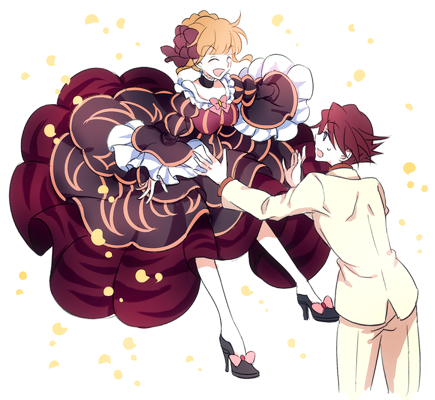1boy, 1girl, beatrice_(umineko), blonde_hair, blue_eyes, bow, braid, braided_bun