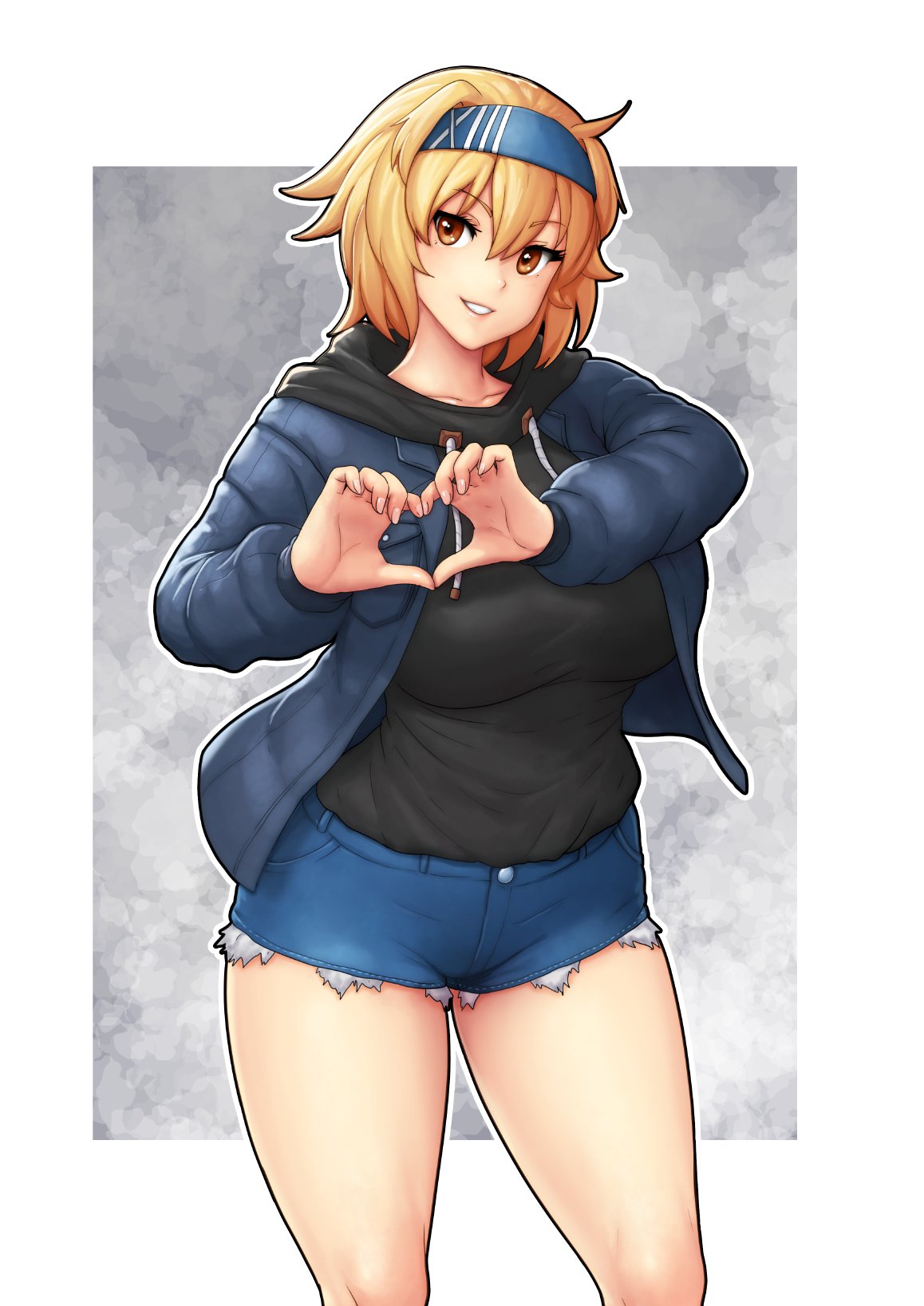 1girl, ahoge, black_hoodie, blonde_hair, blue_headband, blue_jacket, borrowed_character, breasts, brown_eyes, claire_(necro_xiii), commission, denim, denim_shorts, erkaz, eyebrows, eyebrows_visible_through_hair, headband, heart, heart_hands, highres, hood, hoodie, jacket, large_breasts, numbered, original, short_hair, shorts, smile, thighs, tomboy