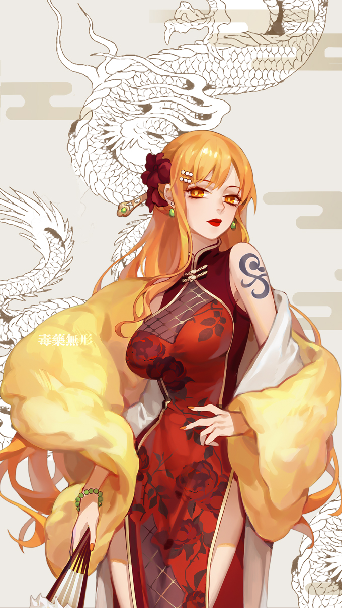 1girl, bangs, bracelet, breasts, china_dress, chinese_clothes, cowboy_shot, dragon