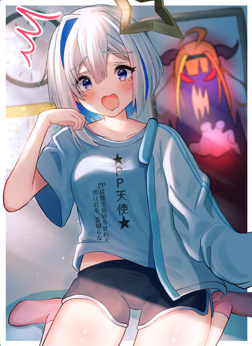 /\/\/\, 2girls, alternate_costume, amane_kanata, angry, blue_eyes, blue_hair, blue_jacket, blue_shirt, blush, breasts, calendar_(object), casual, check_commentary, clock, clothes_writing, collarbone, colored_inner_hair, commentary_request, day, drooling, hair_between_eyes, hair_ornament, halo, hand_up, highres, hololive, horns, indoors, jacket, kiryuu_coco, light_rays, long_hair, looking_at_viewer, medium_breasts, multicolored_hair, multiple_girls, off-shoulder_jacket, open_door, open_mouth, orange_hair, pink_hair, pp_tenshi_t-shirt, red_eyes, senriyama, shirt, short_hair, shorts, silver_hair, sitting, socks, streaked_hair, sunbeam, sunlight, surprised, t-shirt, tears, virtual_youtuber, wall_clock, wariza