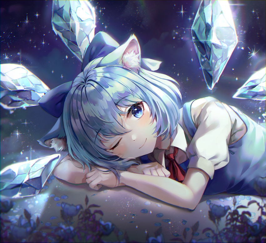 1girl, ;), absurdres, animal_ear_fluff, animal_ears, ascot, blue_bow, blue_dress