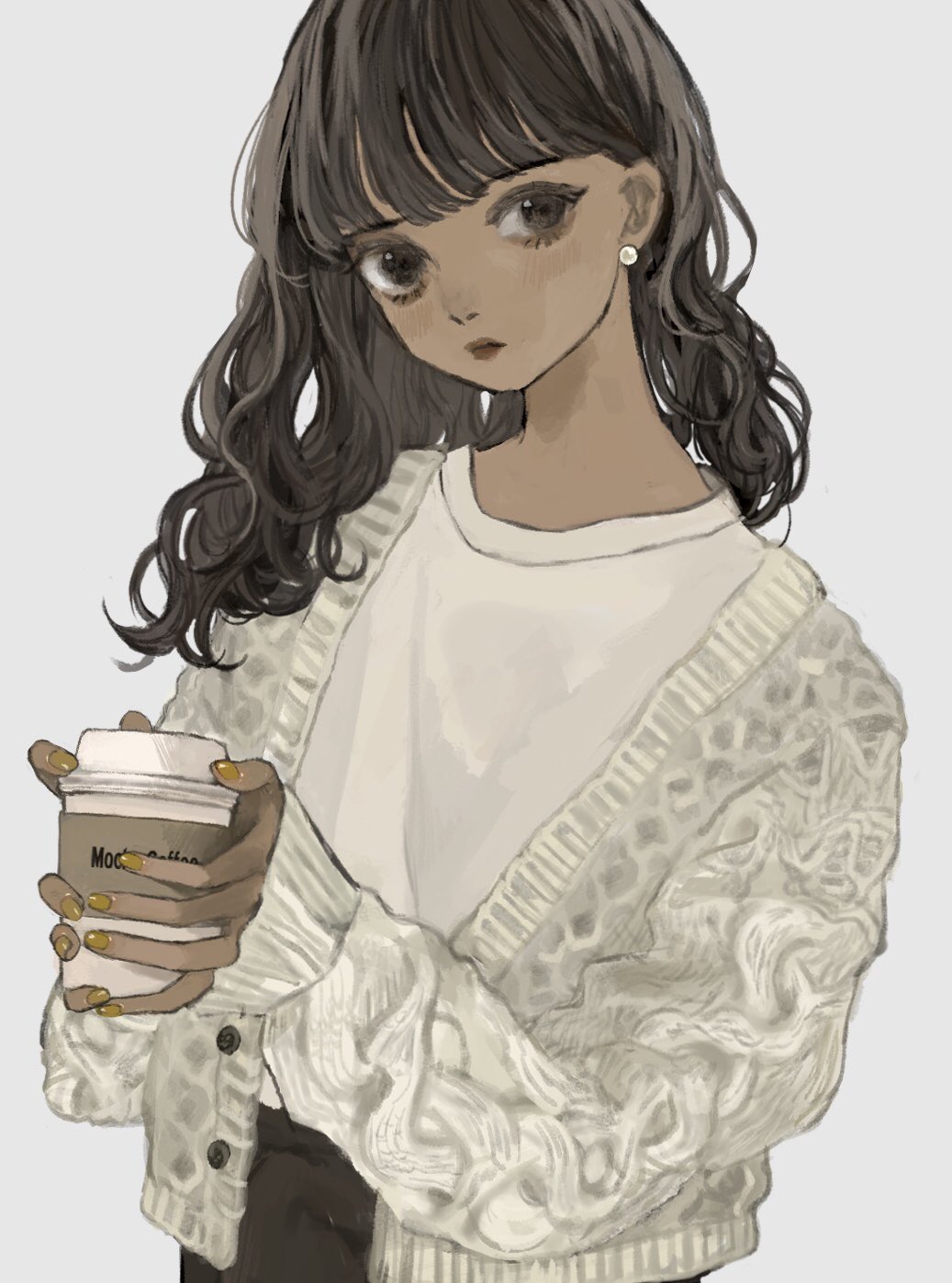1girl, bangs, black_eyes, black_hair, blunt_bangs, blush, brown_lips, brown_pants, buttons, cable_knit, cardigan, closed_mouth, coffee_cup, commentary_request, company_name, cup, darico, dark_skin, dark-skinned_female, disposable_cup, earrings, eyebrows_visible_through_hair, eyelashes, eyeshadow, fingernails, grey_background, hair_over_shoulder, head_tilt, highres, holding, holding_cup, jewelry, lips, long_hair, long_sleeves, looking_at_viewer, makeup, mascara, nail_polish, nostrils, original, pants, pearl_earrings, shirt, shirt_tucked_in, simple_background, sleeves_past_wrists, solo, sweater, upper_body, wavy_hair, white_cardigan, white_shirt, yellow_nails