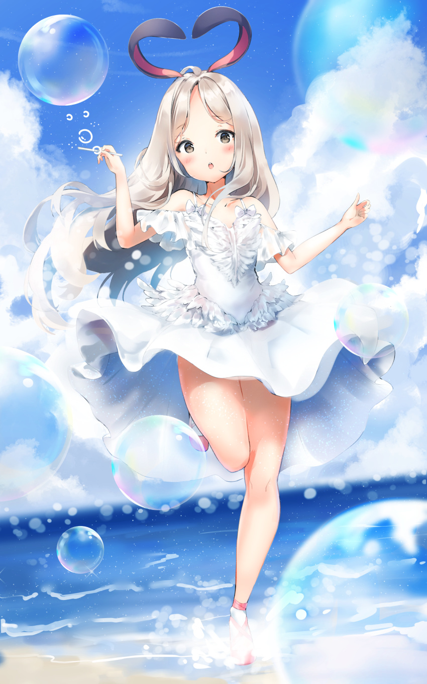 1girl, absurdres, animal_ears, arms_up, blade_&amp;_soul, blush, bubble, clouds, dress, forehead, grey_eyes, highres, keibeam, leg_up, long_hair, lyn_(blade_&amp;_soul), ocean, open_mouth, outdoors, rabbit_ears, silver_hair, sky, solo, standing, standing_on_one_leg, sundress, wading, water, white_dress, wind, wind_lift