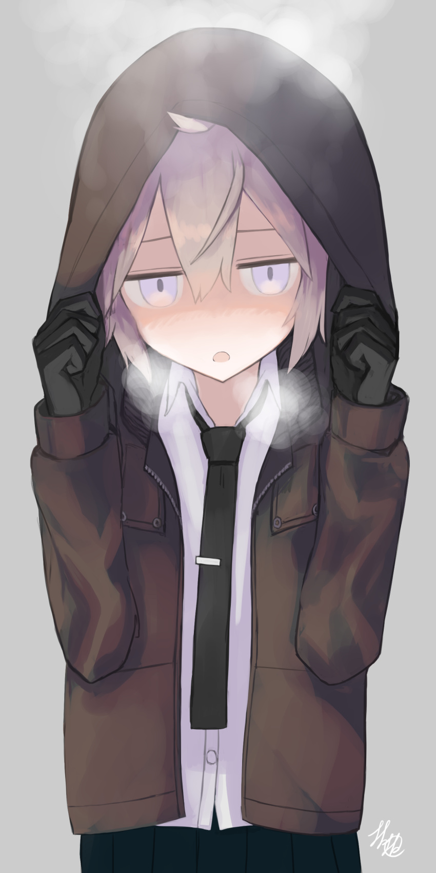 1girl, absurdres, bangs, breath, girls_frontline, gloves, grey_eyes, grey_hair, highres, hood, jacket, m200_(girls_frontline), necktie, origumi, pleated_skirt, short_hair, skirt, solo