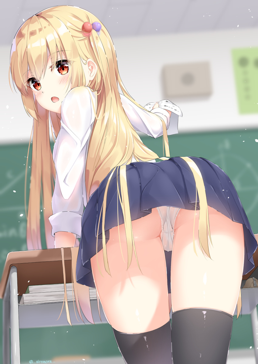 1girl, ass, bangs, bent_over, black_legwear, blonde_hair, blue_skirt, blush