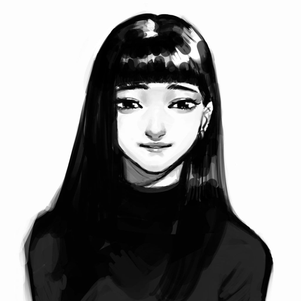 1girl, asian, bangs, blunt_bangs, character_request, commentary_request, copyright_request, earrings, eyebrows, face, greyscale, jewelry, kondate_(inugrm), lips, long_hair, looking_at_viewer, makeup, mascara, monochrome, nose, nostrils, parted_lips, simple_background, smile, solo, teeth, upper_body, white_background