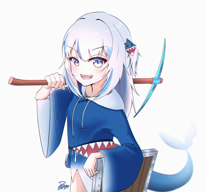 1girl, animal_costume, animal_hood, bangs, blue_eyes, blue_hair, blue_hoodie, blunt_bangs, fish_tail, gawr_gura, highres, hololive, hololive_english, hood, hoodie, huge_filesize, kongo6212, looking_at_viewer, medium_hair, minecraft, multicolored_hair, open_mouth, pickaxe, shark_costume, shark_girl, shark_hood, shark_tail, sharp_teeth, shield, silver_hair, simple_background, sleeves_past_wrists, smile, solo, streaked_hair, tail, teeth, two_side_up, virtual_youtuber, white_background, wide_sleeves