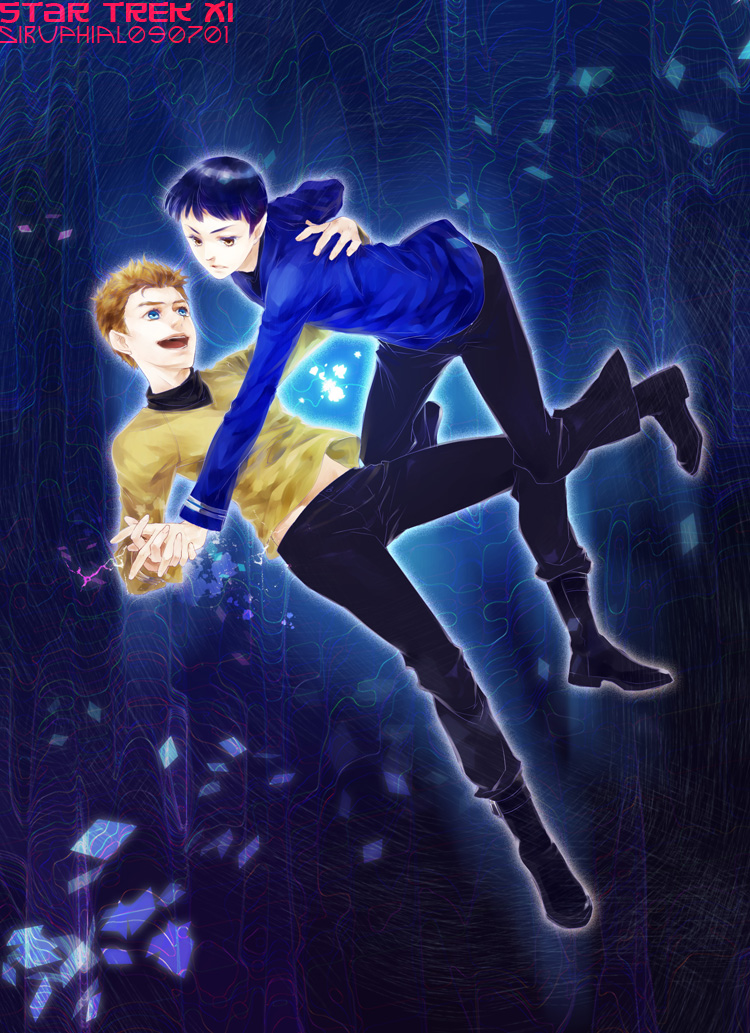 2boys, black_hair, blue_eyes, blue_shirt, brown_hair, falling, interlocked_fingers, james_tiberius_kirk