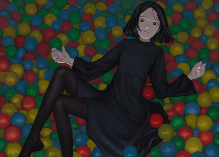 1girl, ball_pit, bangs, black_dress, black_hair, blue_eyes, blunt_ends, brown_legwear