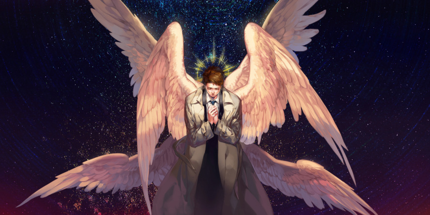 1boy, angel_wings, blue_eyes, brown_hair, castiel, closed_eyes, facial_hair, food, halo, hands_clasped, male_focus, multiple_wings, necktie, own_hands_together, praying, seraph, siruphial, sky, solo, star_(sky), starry_sky, supernatural_(tv_series), trench_coat, wings