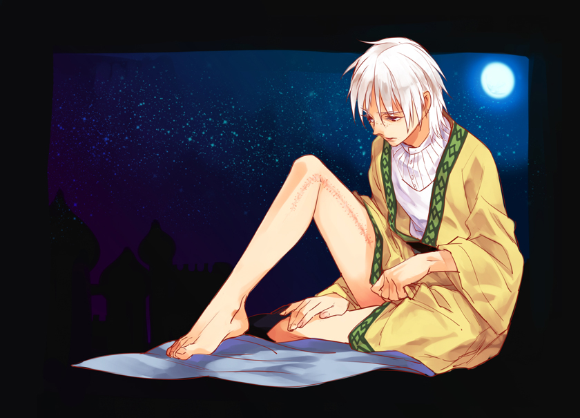1boy, barefoot, freckles, full_moon, ja'far_(magi), keffiyeh, long_hair, looking_down