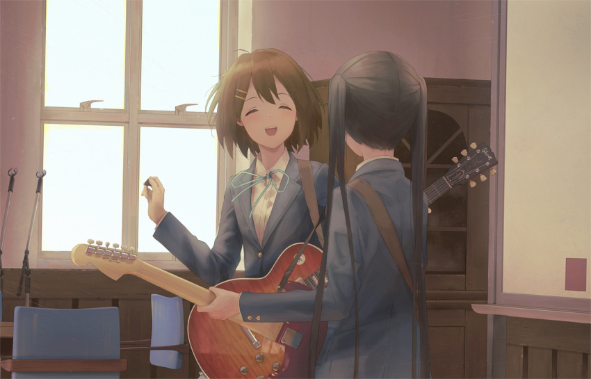 2girls, black_hair, blazer, blush, brown_hair, chair, closed_eyes, guitar