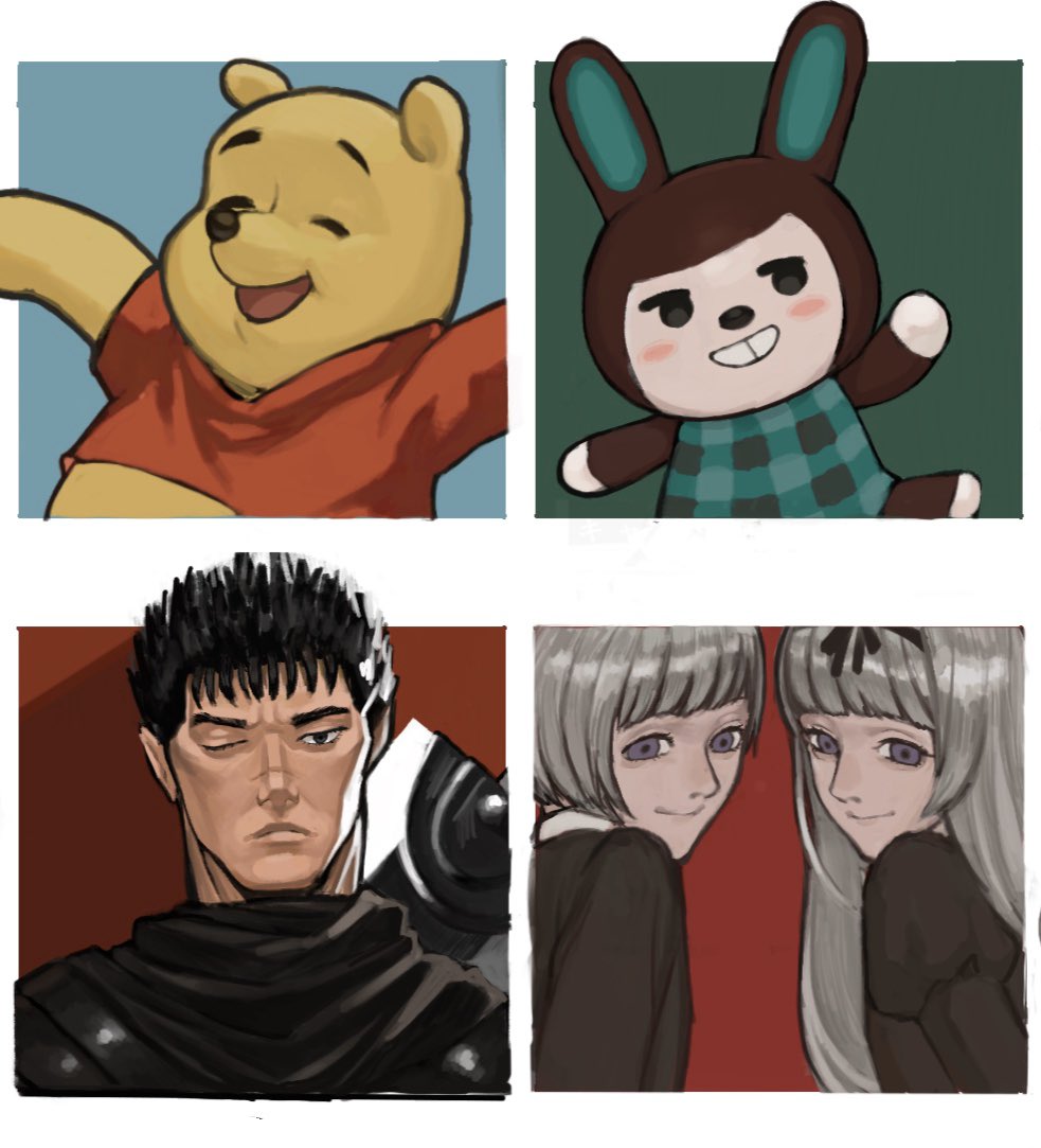 animal_crossing, animal_ears, bangs, berserk, black_eyes, black_hair, black_lagoon, blunt_bangs, blush, border, brown_hair, carmen_(animal_crossing), closed_mouth, commentary_request, crop_top, gretel_(black_lagoon), grey_hair, grin, guts_(berserk), hansel_(black_lagoon), kondate_(inugrm), long_hair, looking_at_viewer, multiple_boys, one_eye_closed, open_mouth, outside_border, plaid, pooh, rabbit_ears, red_shirt, scarf, shirt, short_hair, short_sleeves, simple_background, smile, t-shirt, violet_eyes, weapon, white_border, winnie_the_pooh