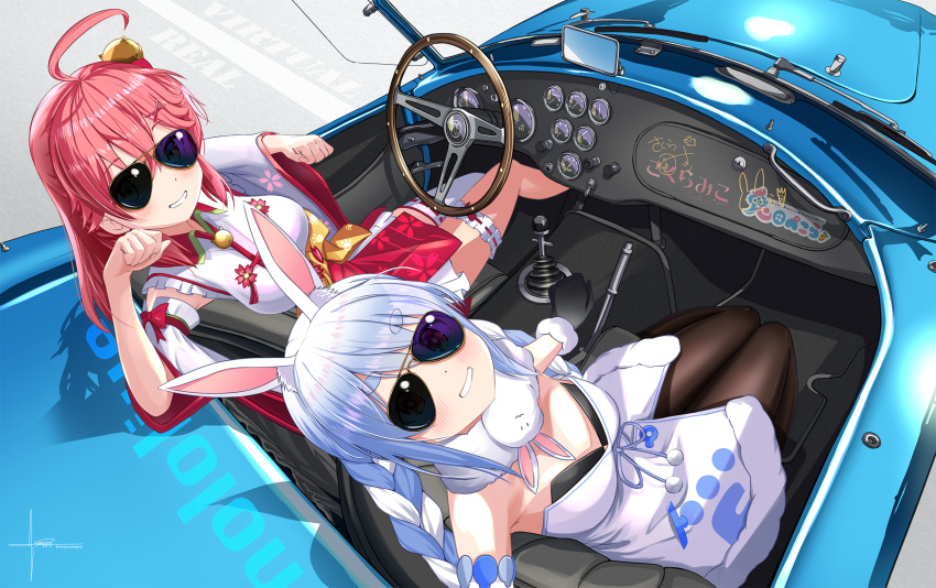 2girls, ahoge, animal_ears, armpits, bell, blue_hair, braid, bunny_girl