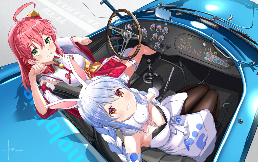 2girls, ahoge, animal_ears, armpits, bell, blue_hair, braid, bunny_girl