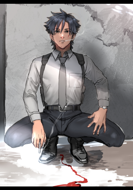 1boy, black_eyes, black_hair, blood, cigarette, dress_shoes, emiya_kiritsugu, facial_hair