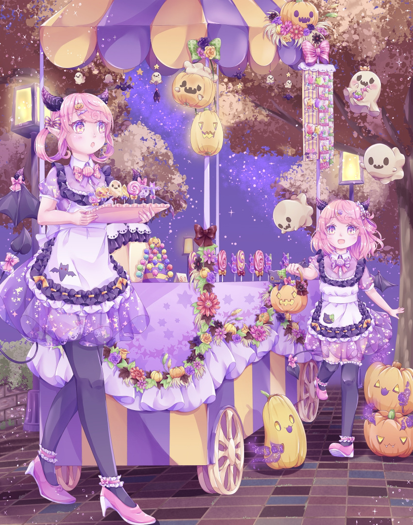 2girls, :o, ankle_garter, apron, black_legwear, bow, candy, cart