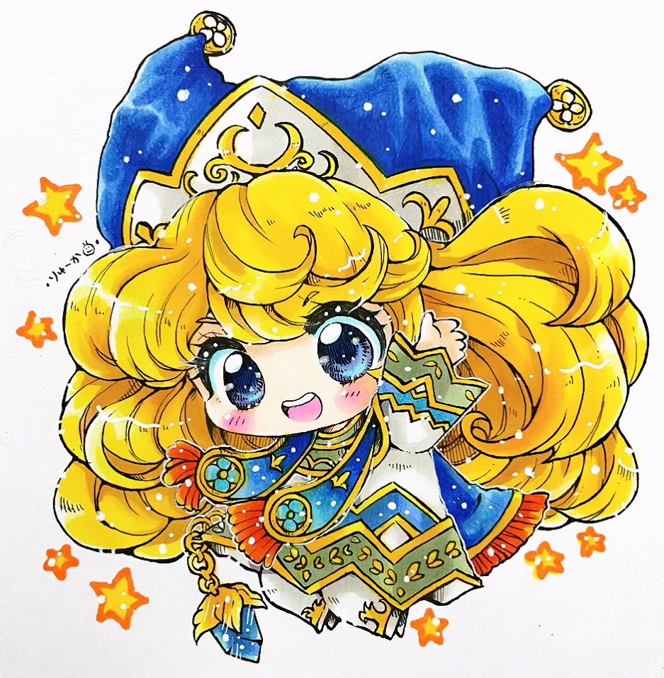 1girl, bangs, blonde_hair, blue_eyes, blue_headwear, blush, charlotte_(seiken_densetsu_3), chibi
