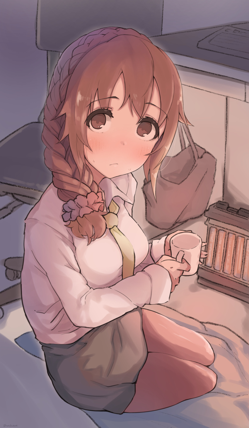 1girl, bag, blush, braid, brown_eyes, brown_hair, chair, closed_mouth