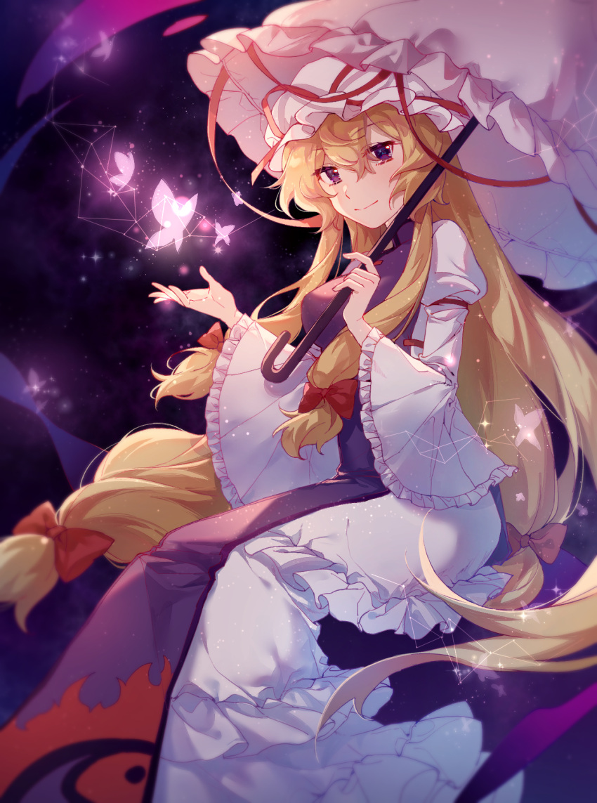 1girl, arm_strap, bangs, blurry, blurry_background, bow, breasts, closed_eyes