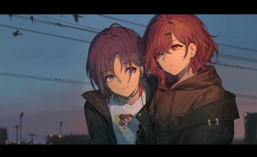 2girls, asakura_tooru, bangs, bird, black_hair, black_hoodie, black_jacket, blue_eyes
