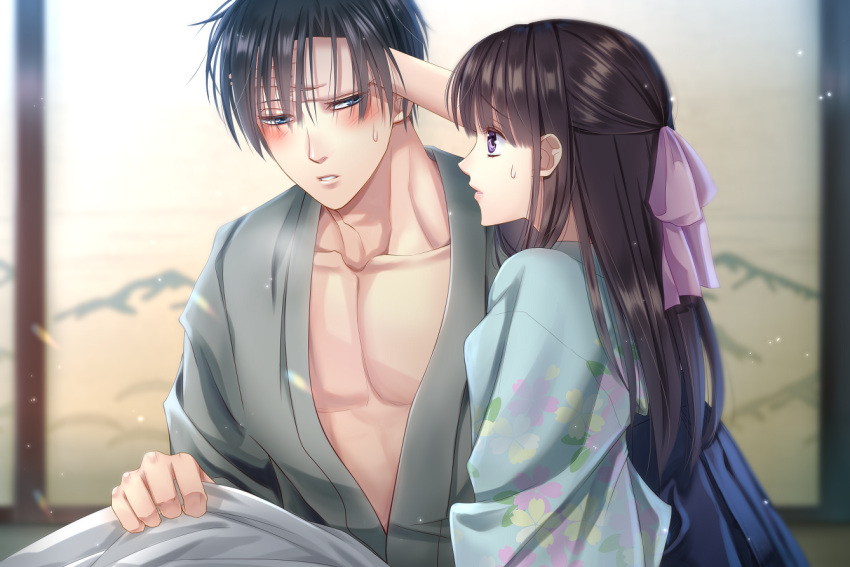 1boy, 1girl, black_hair, blue_eyes, blue_kimono, blush, collarbone, couple