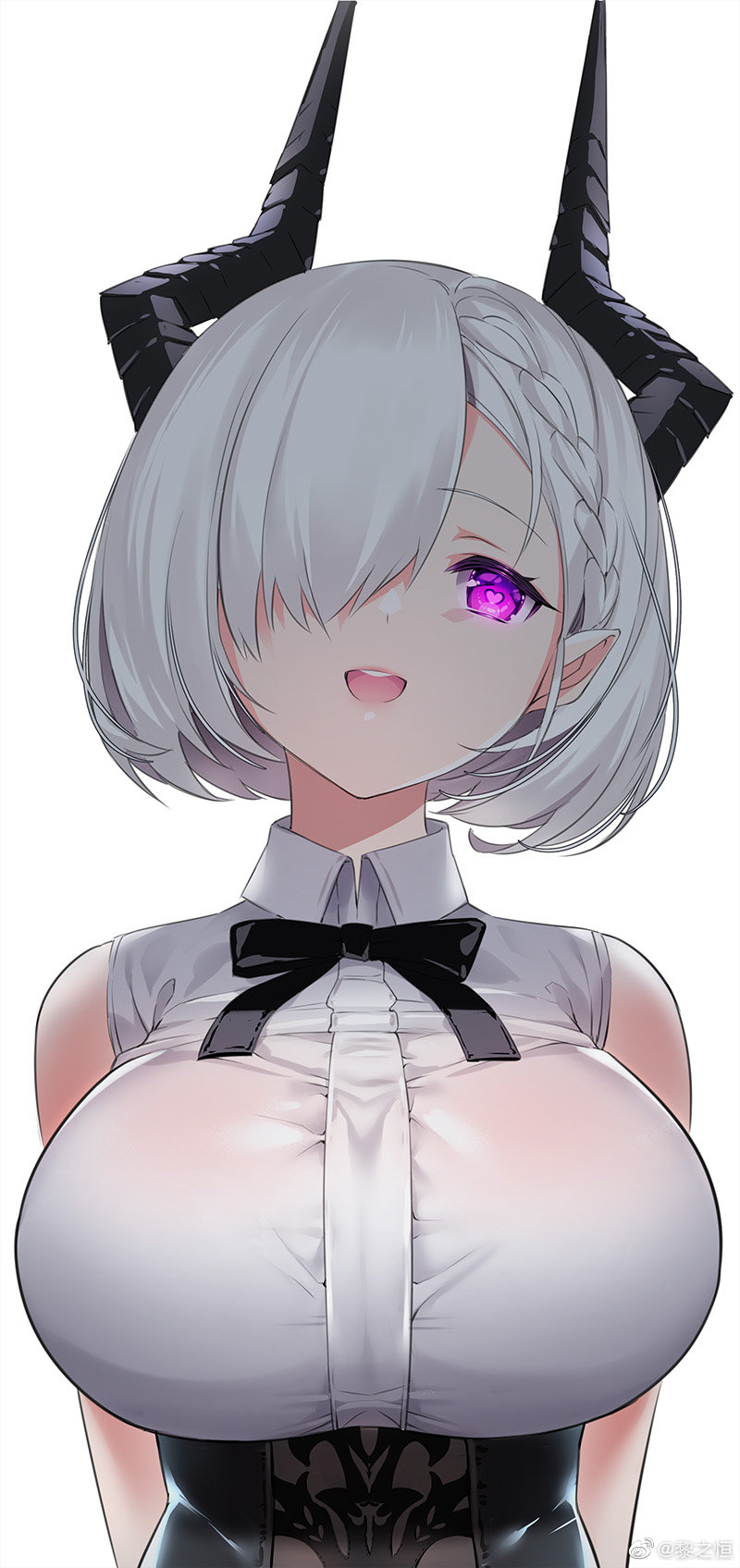 1girl, :d, bare_shoulders, braid, breasts, glowing, glowing_eye, hair_over_one_eye, head_tilt, heart, heart-shaped_pupils, highres, horns, huge_breasts, li_zhiheng, open_mouth, original, pointy_ears, shirt, short_hair, side_braid, silver_hair, simple_background, sleeveless, sleeveless_shirt, smile, solo, symbol-shaped_pupils, underbust, upper_body, violet_eyes, weibo_username, white_background