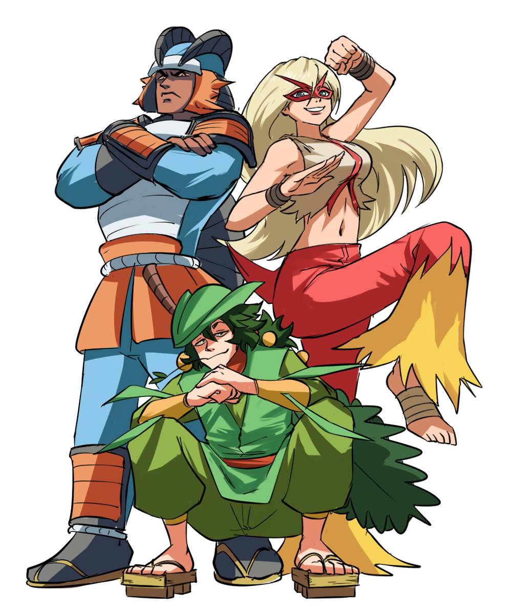 1girl, 2boys, armor, bandaged_feet, bandages, bare_arms, bare_shoulders, barefoot