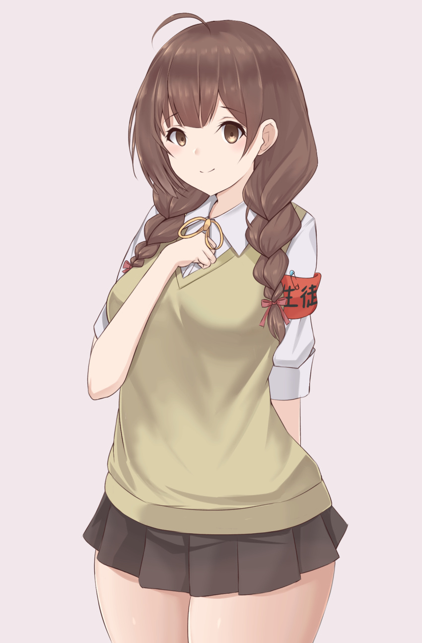1girl, 88942731ne, ahoge, alternate_costume, armband, black_skirt, braid, brown_eyes, brown_hair, commentary_request, grey_background, highres, kantai_collection, long_hair, neck_ribbon, pleated_skirt, ribbon, school_uniform, shinshuu_maru_(kantai_collection), shirt, simple_background, skirt, smile, solo, standing, sweater_vest, twin_braids, white_shirt