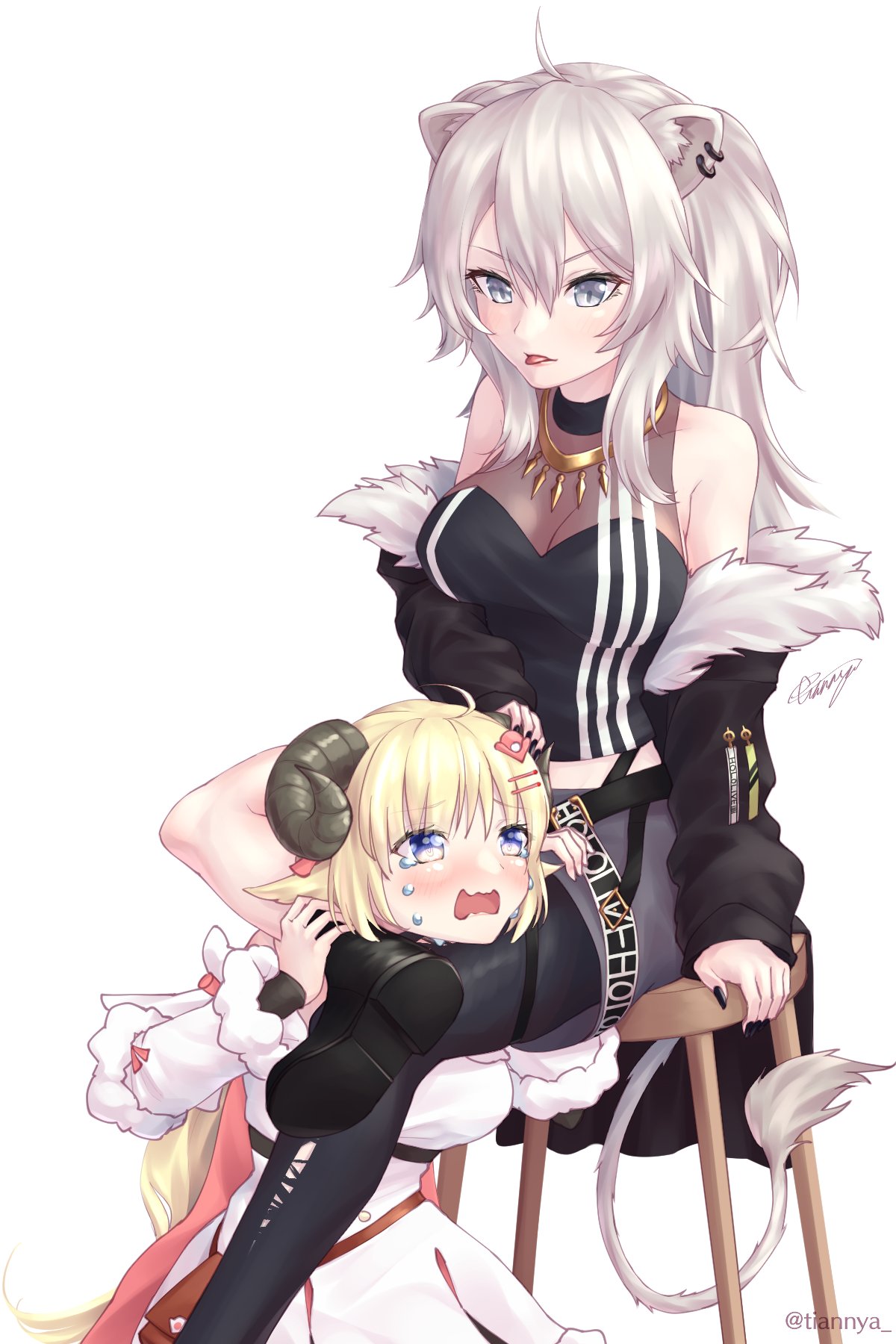 2girls, ahoge, animal_ear_fluff, animal_ears, bag, bangs, black_nails, black_shirt, black_skirt, blonde_hair, blue_eyes, blush, breasts, crying, crying_with_eyes_open, dress, ear_piercing, eyebrows_visible_through_hair, fur-trimmed_jacket, fur_trim, grey_eyes, grey_eyes, hair_between_eyes, hair_ornament, hairclip, handbag, highres, hololive, horns, jacket, jewelry, leg_lock, lion_ears, lion_girl, lion_tail, long_hair, medium_hair, midriff, miniskirt, multiple_girls, nail_polish, necklace, off_shoulder, open_clothes, open_jacket, piercing, scissorhold, see-through, sheep_ears, sheep_girl, sheep_horns, shirt, shishiro_botan, silver_hair, simple_background, skirt, strangling, tail, tears, tian_nya, tongue, tongue_out, tsunomaki_watame, white_background, white_dress