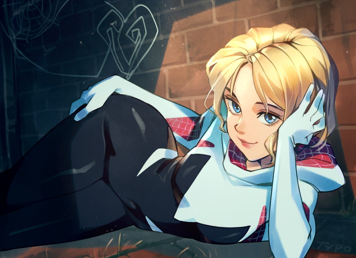 1girl, black_bodysuit, blonde_hair, blue_eyes, bodysuit, breasts, covered_navel, gwen_stacy