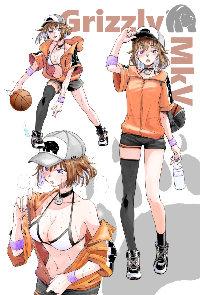 1girl, alternate_costume, bag, ball, bangs, baseball_cap, basketball, bikini, bikini_top, black_legwear, black_shorts, blush, bottle, breasts, breath, brown_hair, character_name, dribbling, eyebrows_visible_through_hair, girls_frontline, grizzly_mkv_(girls_frontline), hat, highres, holding, holding_bottle, jacket, large_breasts, multiple_views, open_mouth, shoes, short_sleeves, shorts, simple_background, single_thighhigh, sneakers, steaming_body, sweat, sweatband, swimsuit, tarutaru_gungun, thigh-highs, violet_eyes, water_bottle, white_background, white_bikini