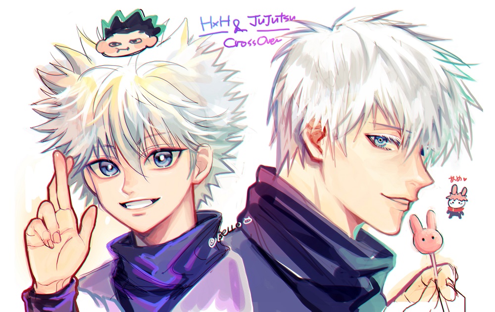 2boys, alternate_hairstyle, bangs, bello_(kurobina_bellon), blue_eyes, bright_pupils, collar, commentary_request, copyright_name, crossed_fingers, crossover, english_text, gojou_satoru, gon_freecss, gradient_hair, hunter_x_hunter, jujutsu_kaisen, killua_zoldyck, korean_commentary, looking_at_viewer, male_focus, messy_hair, multicolored_hair, multiple_boys, short_hair, simple_background, smile, spiky_hair, upper_body, white_hair