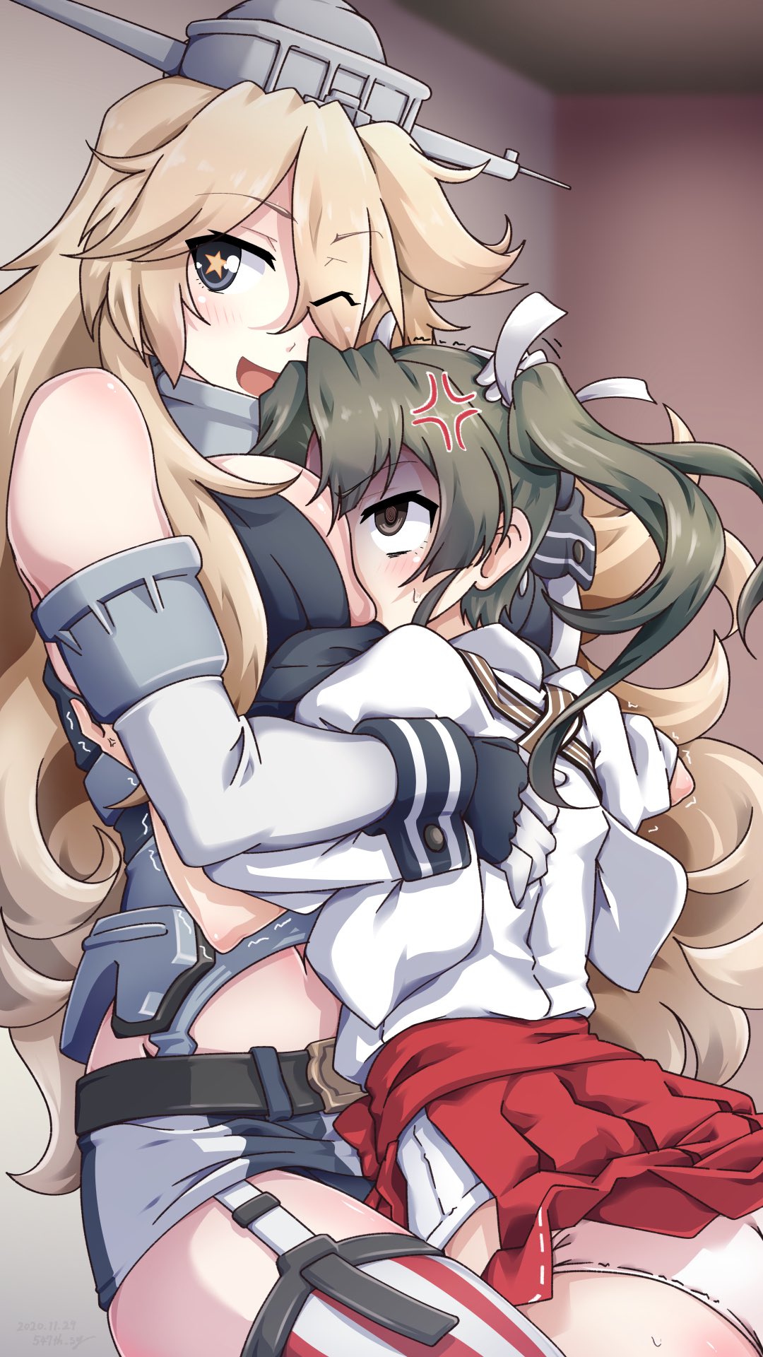 2girls, 547th_sy, american_flag_legwear, anger_vein, bangs, between_breasts, blonde_hair, blue_eyes, blush, breast_smother, breasts, eyebrows_visible_through_hair, face_to_breasts, garter_straps, gloves, green_hair, hair_ribbon, hakama, hakama_skirt, head_between_breasts, headgear, highres, hug, iowa_(kantai_collection), japanese_clothes, kantai_collection, large_breasts, long_hair, multiple_girls, one_eye_closed, open_mouth, panties, red_hakama, ribbon, shaded_face, skirt, star-shaped_pupils, star_(symbol), sweat, symbol-shaped_pupils, tasuki, thigh-highs, trembling, twintails, underwear, white_panties, zuikaku_(kantai_collection)