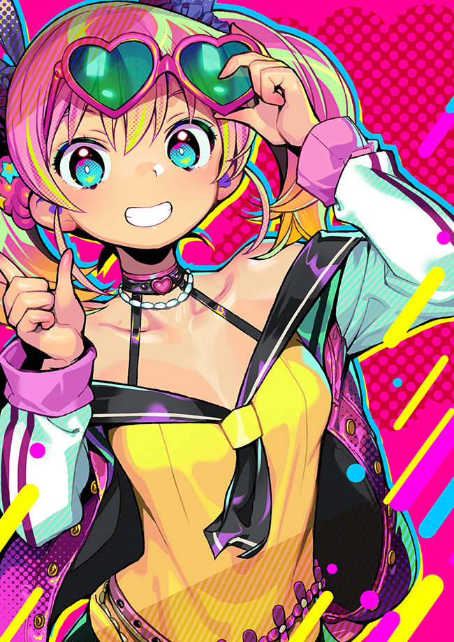 1girl, bare_shoulders, blonde_hair, blue_eyes, choker, collarbone, commentary_request, dohna_dohna