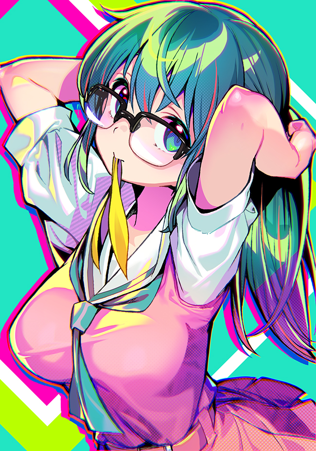 1girl, adjusting_hair, arms_up, bangs, black-framed_eyewear, blue_eyes, breasts, commentary_request