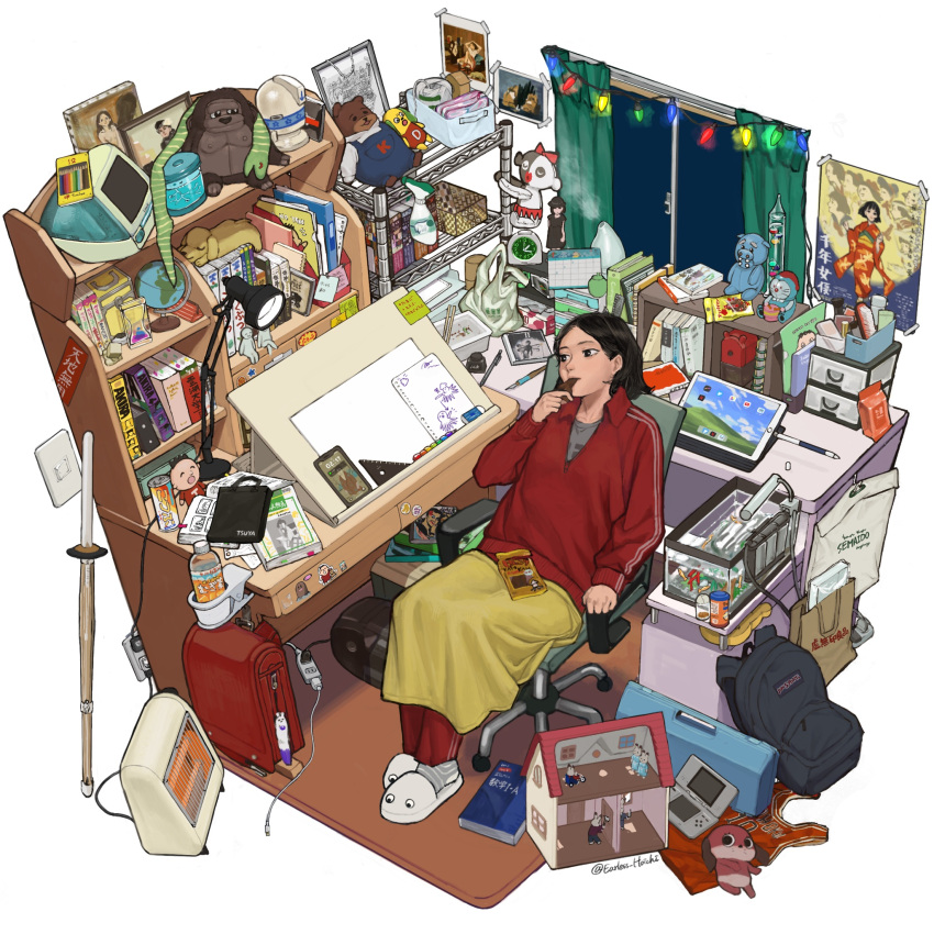 1girl, aquarium, artist_name, backpack, bag, basketball_jersey, black_hair, book, bookshelf, boombox, bottle, cellphone, chair, character_request, chopsticks, christmas_lights, clock, collared_jacket, commentary_request, copyright_request, desk, desk_lamp, diglett, drawing_tablet, eraser, fish, food, gen_1_pokemon, handheld_game_console, highres, humidifier, imac, indoors, isometric, jacket, kondate_(inugrm), lamp, logo_parody, long_sleeves, messy_room, nintendo_ds, pants, paper_bag, phone, pokemon, poster_(object), randoseru, red_bag, red_jacket, red_pants, signature, slippers, smartphone, socks, solo, spray_bottle, sticky_note, striped, striped_legwear, tablet_pc, torii, track_suit, twitter_logo, twitter_username, unzipped, white_background, white_footwear, white_legwear, youtube_logo