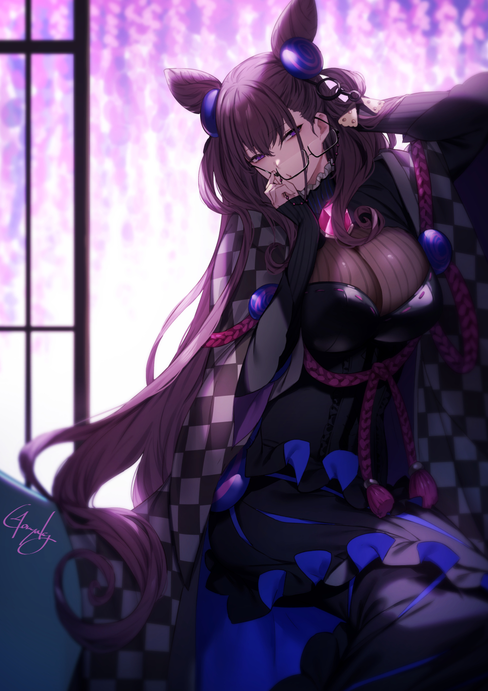 1girl, amethyst_(gemstone), backlighting, bangs, black_dress, black_kimono, breasts, brown_hair