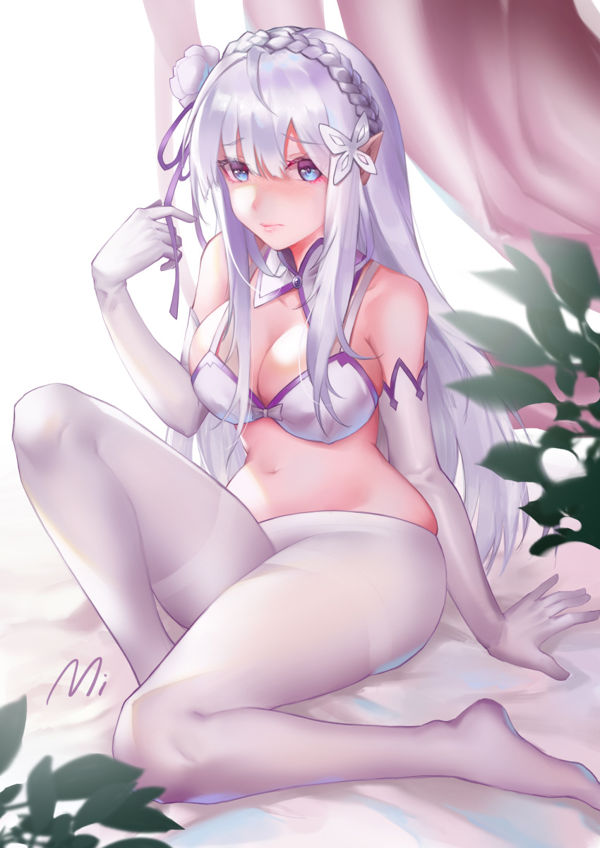 1girl, absurdres, blue_eyes, emilia_(re:zero), flower, gloves, hair_flower, hair_ornament