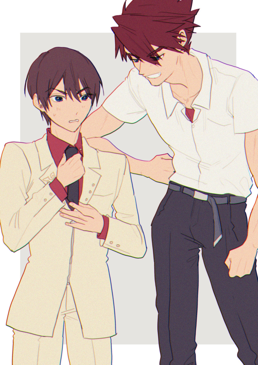 2boys, absurdres, blue_eyes, brown_hair, cosplay, costume_switch, formal, highres