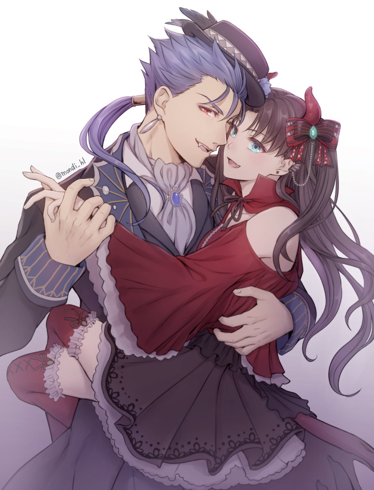 1boy, 1girl, arm_around_back, artist_name, black_hair, black_headwear, black_jacket, black_ribbon