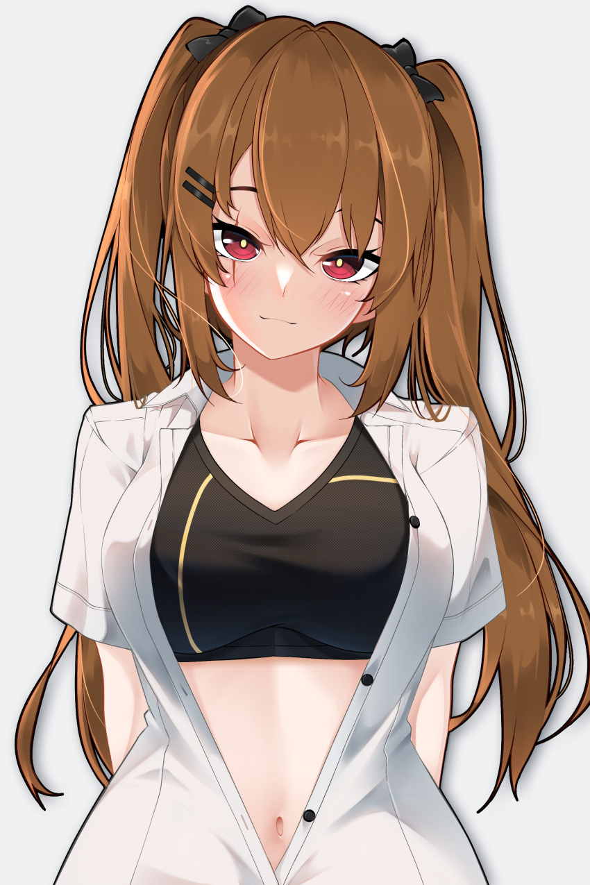 1girl, :3, absurdres, arms_behind_back, bangs, blush, breasts, brown_hair